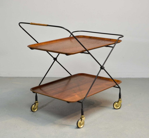 Chariot à roulettes en teck et acier Paul Nagel, Mid Century Design. Allemagne, années 1950.