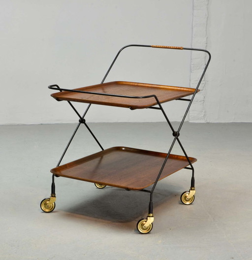 Chariot à roulettes en teck et acier Paul Nagel, Mid Century Design. Allemagne, années 1950.