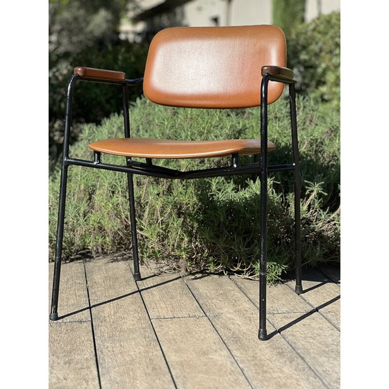 Image 1 of Pair of vintage armchairs in black lacquered metal and oak, France 1950