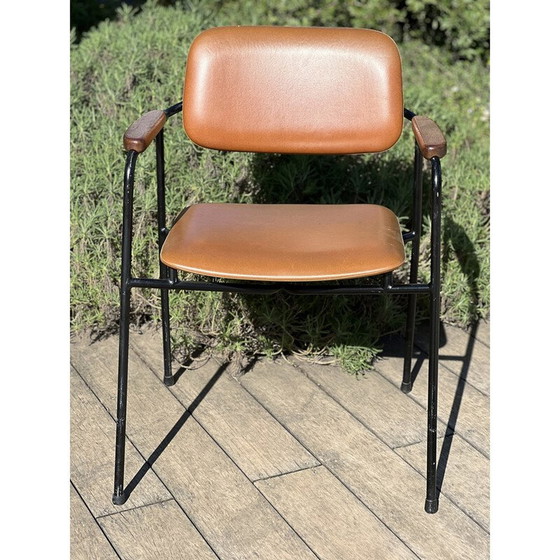 Image 1 of Pair of vintage armchairs in black lacquered metal and oak, France 1950