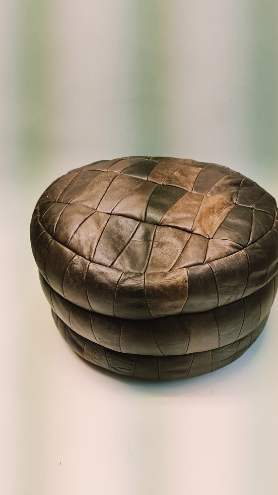 Image 1 of Vintage Patchwork Leather Pouf In The Style Of De Sede 1970s