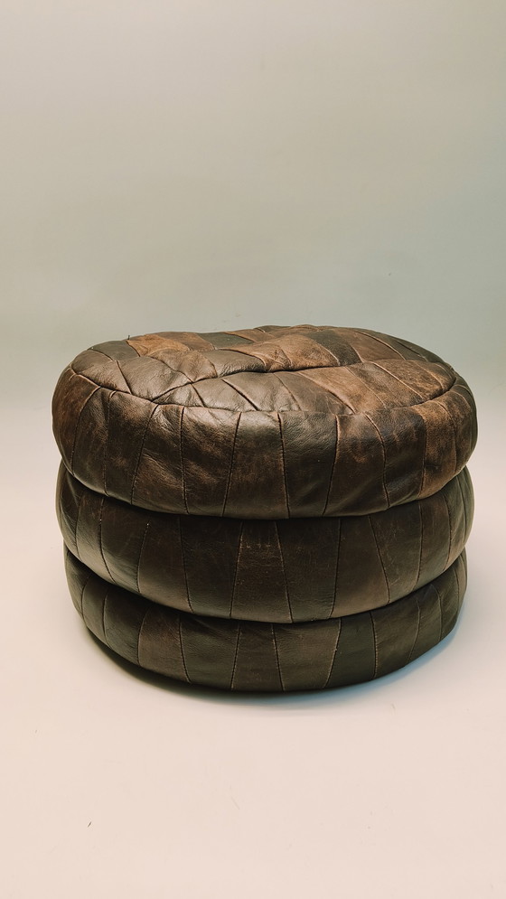 Image 1 of Vintage Patchwork Leather Pouf In The Style Of De Sede 1970s