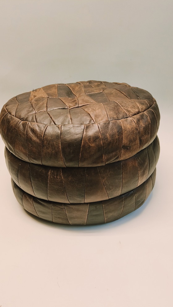 Image 1 of Vintage Patchwork Leather Pouf In The Style Of De Sede 1970s