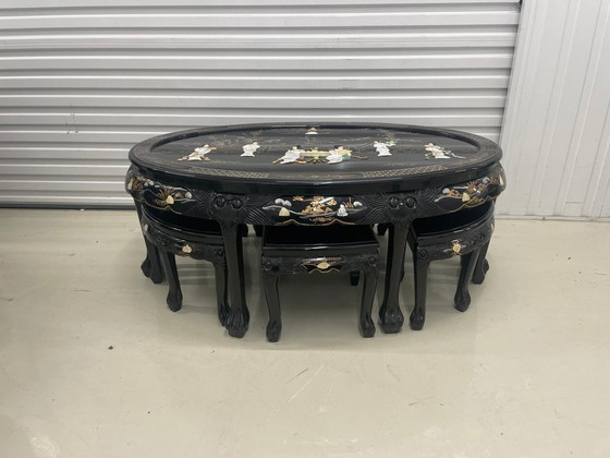 Image 1 of Chinese Coffee Table Including Stools