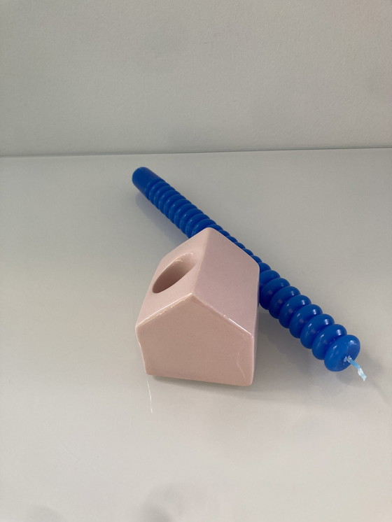 Image 1 of Pink Candlestick Of Ceramic In The Shape Of A House