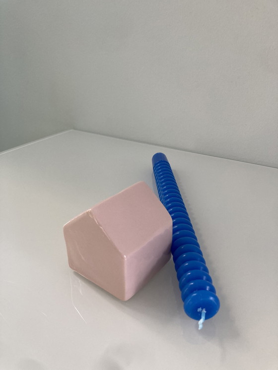 Image 1 of Pink Candlestick Of Ceramic In The Shape Of A House