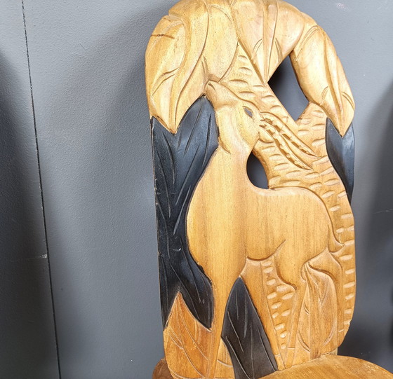 Image 1 of Set Of 4 Carved Wooden African Dining Chairs, 1960S