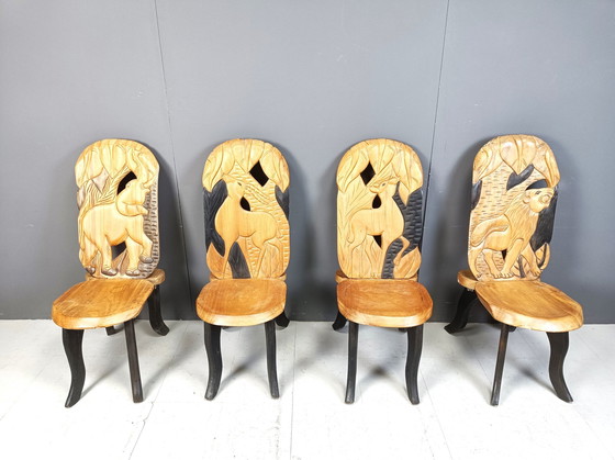 Image 1 of Set Of 4 Carved Wooden African Dining Chairs, 1960S