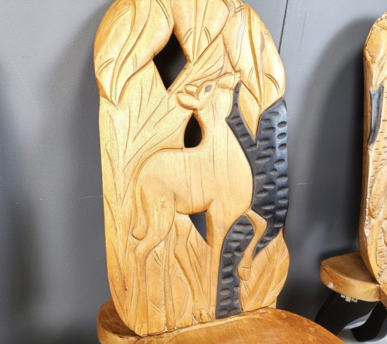 Image 1 of Set Of 4 Carved Wooden African Dining Chairs, 1960S