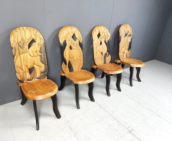 Image 1 of Set Of 4 Carved Wooden African Dining Chairs, 1960S