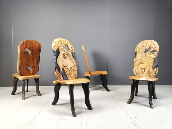 Image 1 of Set Of 4 Carved Wooden African Dining Chairs, 1960S