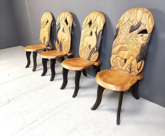 Image 1 of Set Of 4 Carved Wooden African Dining Chairs, 1960S