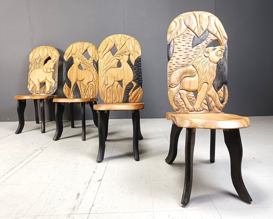 Image 1 of Set Of 4 Carved Wooden African Dining Chairs, 1960S