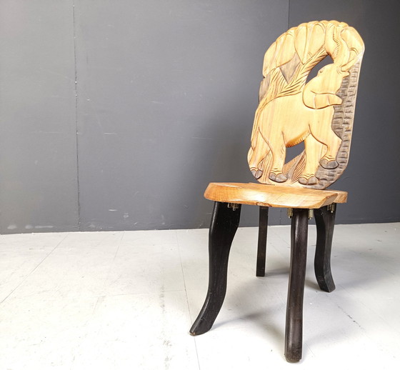 Image 1 of Set Of 4 Carved Wooden African Dining Chairs, 1960S