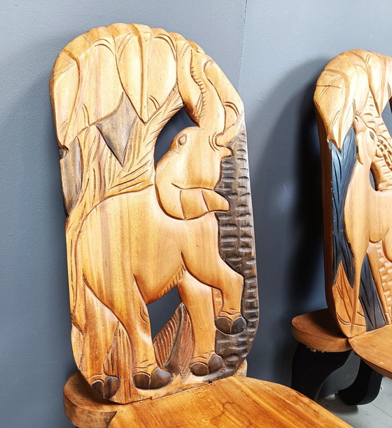 Image 1 of Set Of 4 Carved Wooden African Dining Chairs, 1960S