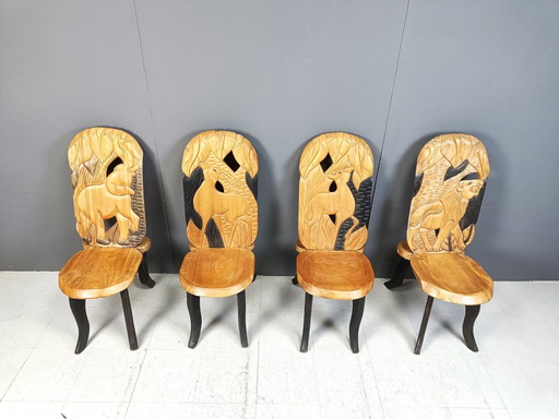 Set Of 4 Carved Wooden African Dining Chairs, 1960S