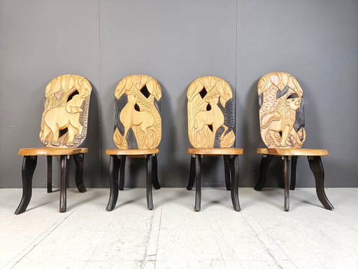 Set Of 4 Carved Wooden African Dining Chairs, 1960S