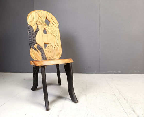 Image 1 of Set Of 4 Carved Wooden African Dining Chairs, 1960S