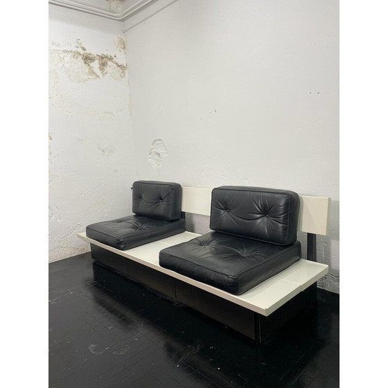 Image 1 of Vintage bench in wood and leather, Belgium 1970