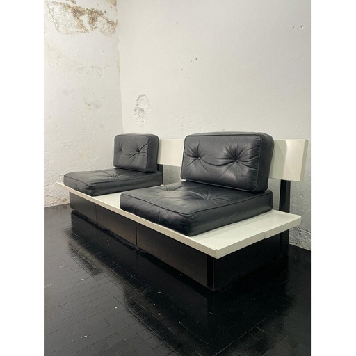 Vintage bench in wood and leather, Belgium 1970