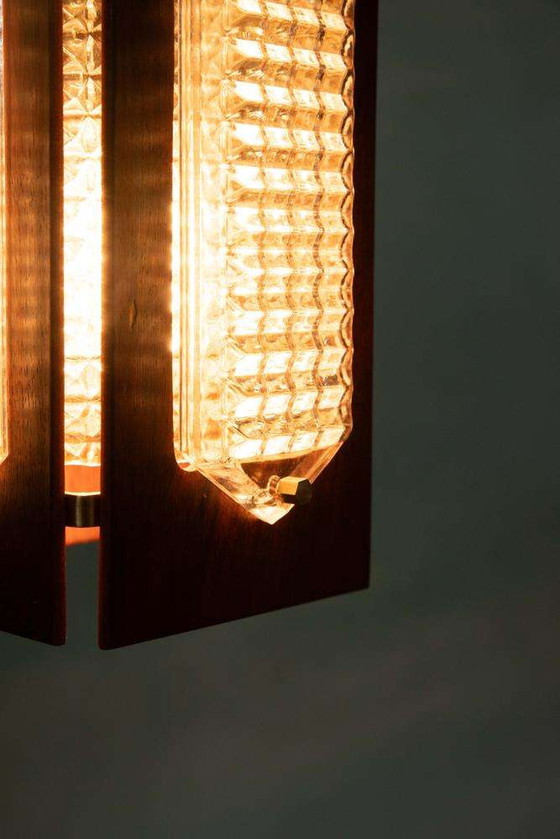 Image 1 of Lampada a sospensione vintage in legno e vetro Flygsfors Facette, lampada in vetro