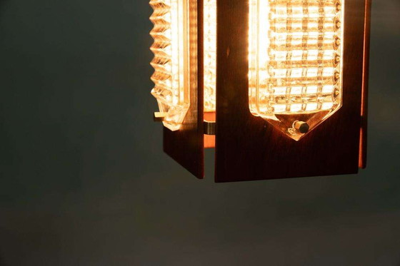 Image 1 of Lampada a sospensione vintage in legno e vetro Flygsfors Facette, lampada in vetro