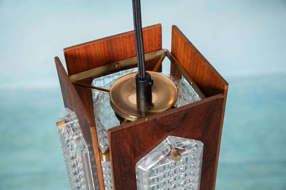 Image 1 of Lampada a sospensione vintage in legno e vetro Flygsfors Facette, lampada in vetro