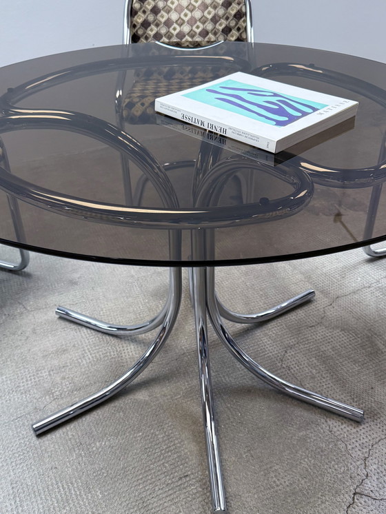Image 1 of Chrome glass dining table round & 5 cantilever chairs, Italy 1970s