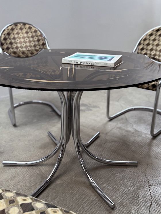 Image 1 of Chrome glass dining table round & 5 cantilever chairs, Italy 1970s