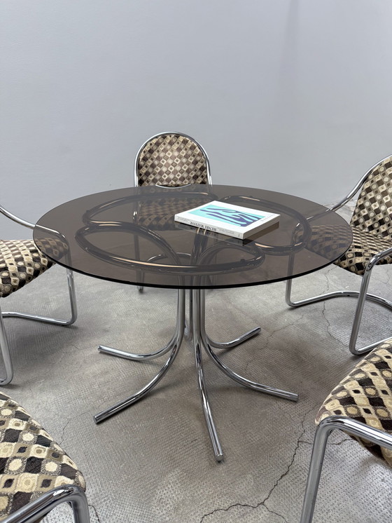 Image 1 of Chrome glass dining table round & 5 cantilever chairs, Italy 1970s