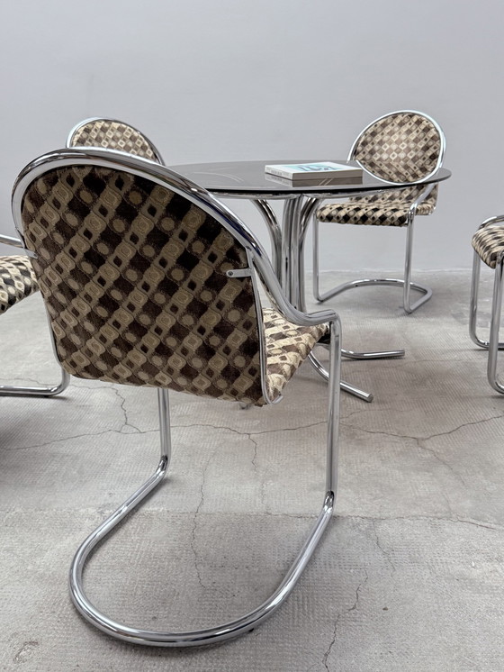 Image 1 of Chrome glass dining table round & 5 cantilever chairs, Italy 1970s