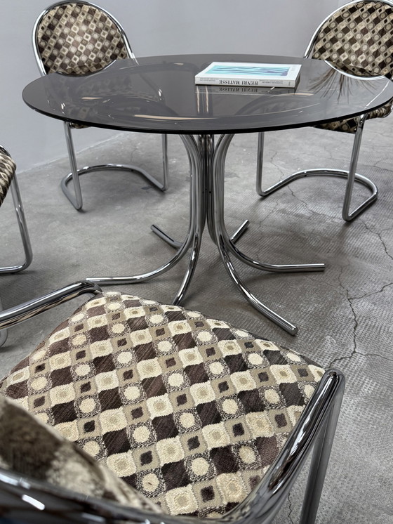 Image 1 of Chrome glass dining table round & 5 cantilever chairs, Italy 1970s