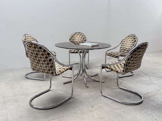 Image 1 of Chrome glass dining table round & 5 cantilever chairs, Italy 1970s