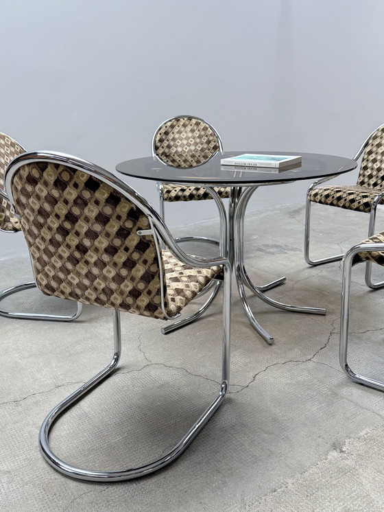 Image 1 of Chrome glass dining table round & 5 cantilever chairs, Italy 1970s