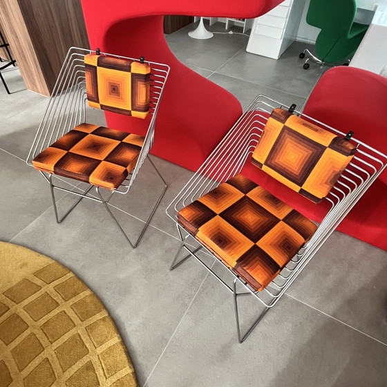 Image 1 of 2x Vintage Wire chairs 70's with Verner Panton fabric