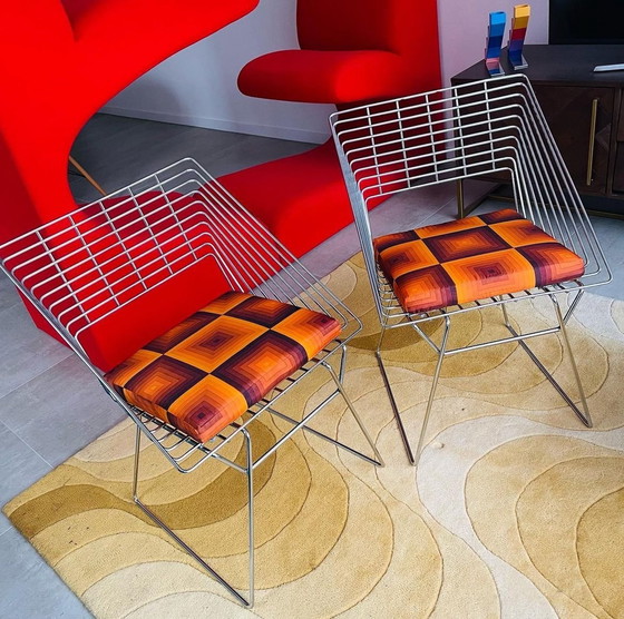 Image 1 of 2x Vintage Wire chairs 70's with Verner Panton fabric