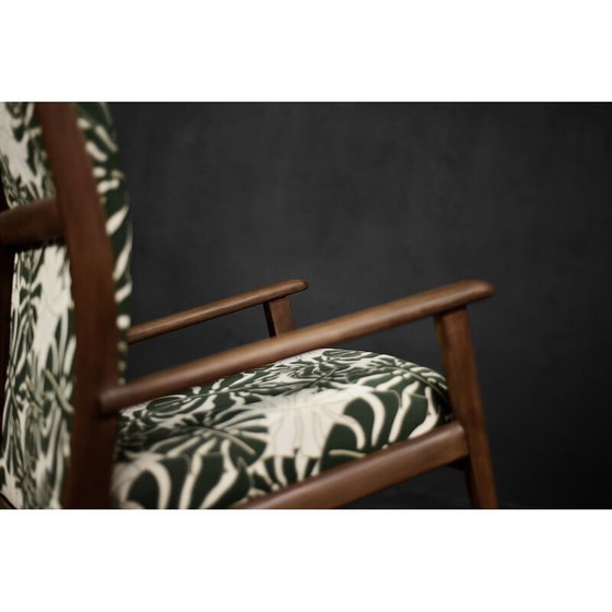 Image 1 of Vintage Danish rocking chair in wood and Monstera leaf pattern fabric, 1960s