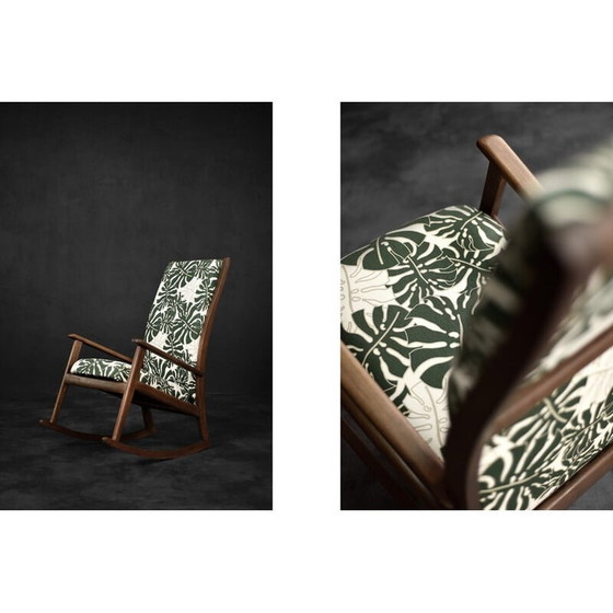 Image 1 of Vintage Danish rocking chair in wood and Monstera leaf pattern fabric, 1960s