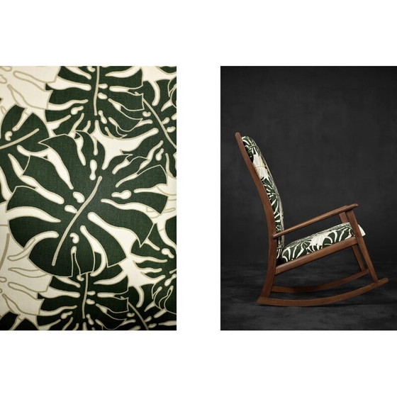 Image 1 of Vintage Danish rocking chair in wood and Monstera leaf pattern fabric, 1960s