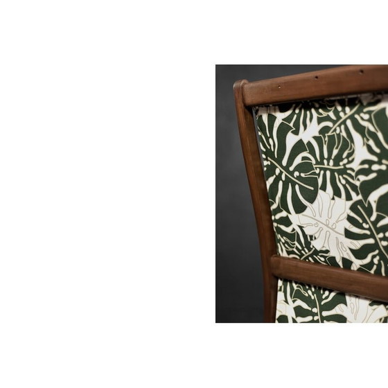 Image 1 of Vintage Danish rocking chair in wood and Monstera leaf pattern fabric, 1960s