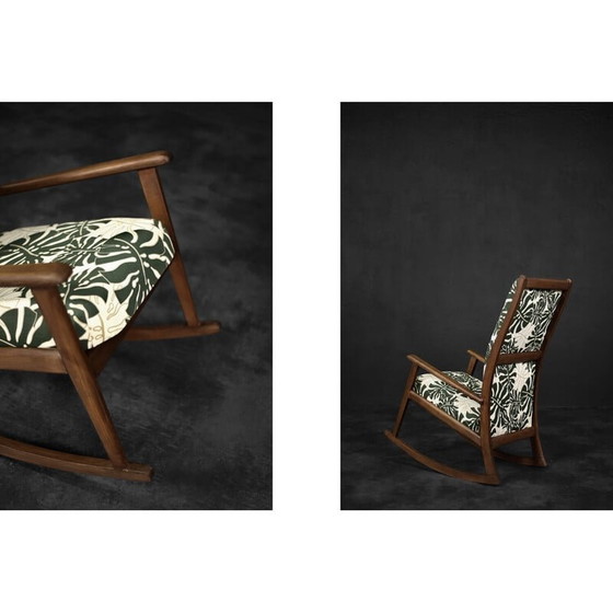 Image 1 of Vintage Danish rocking chair in wood and Monstera leaf pattern fabric, 1960s