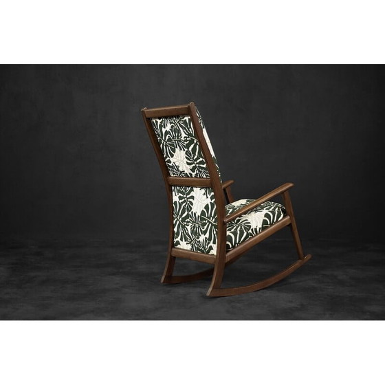 Image 1 of Vintage Danish rocking chair in wood and Monstera leaf pattern fabric, 1960s