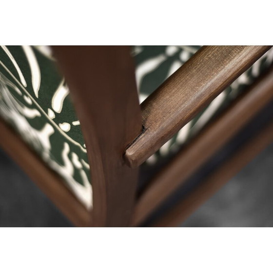 Image 1 of Vintage Danish rocking chair in wood and Monstera leaf pattern fabric, 1960s
