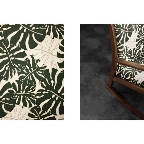 Image 1 of Vintage Danish rocking chair in wood and Monstera leaf pattern fabric, 1960s