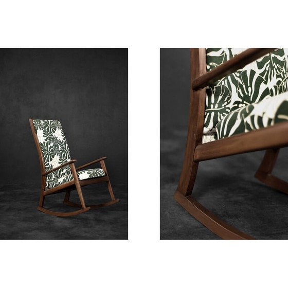 Image 1 of Vintage Danish rocking chair in wood and Monstera leaf pattern fabric, 1960s