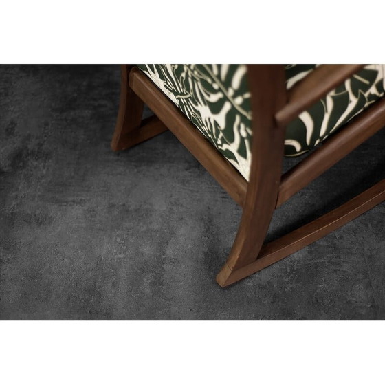 Image 1 of Vintage Danish rocking chair in wood and Monstera leaf pattern fabric, 1960s