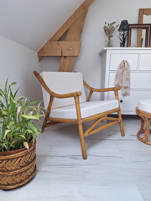 Bamboo armchair with bouclette fabric