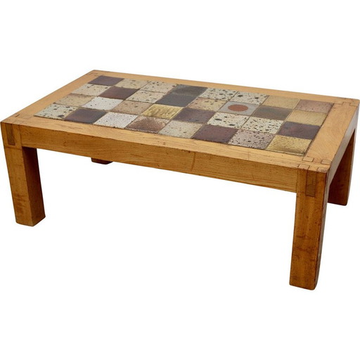 Vintage stoneware coffee table with elm legs, France 1960