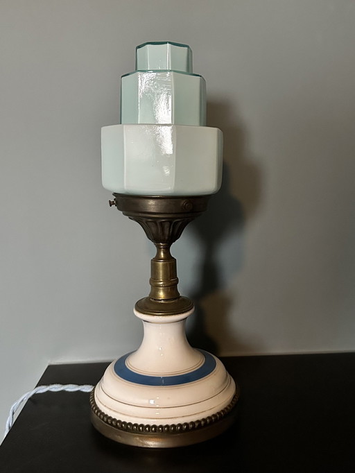 2X Art Deco Style Table Lamp With Glass Skyscraper Lampshade