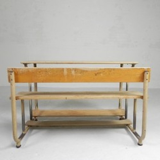 Image 1 of Industrial 2 person school desk - 1950s